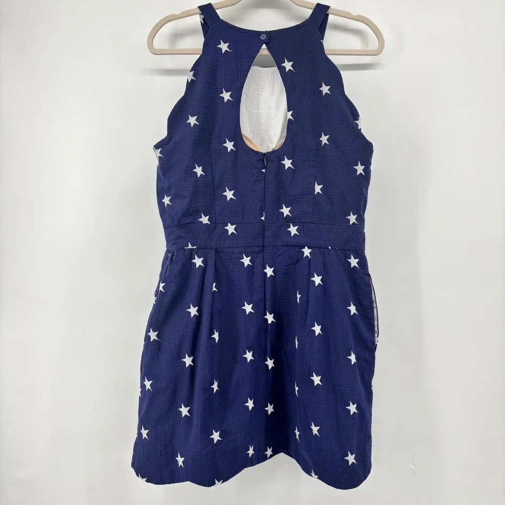 Lauren‎ James Navy Blue Seersucker Star Embroidered Scalloped Mini Dress Halter